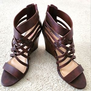 Brown cross strap gladiator high zipper wedge heels